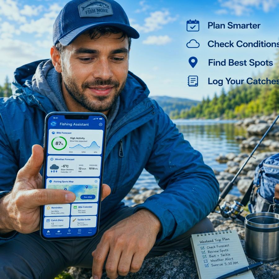 Fishing map screen with saved spots